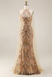 Sparkly Mermaid Champagne Halter Neck Sequins Long Prom Dress with Cape