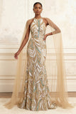 Sparkly Champagne Halter Mermaid Sequin Long Prom Dress