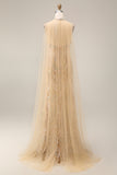 Sparkly Mermaid Champagne Halter Neck Sequins Long Prom Dress with Cape
