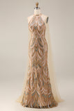 Sparkly Mermaid Champagne Halter Neck Sequins Long Prom Dress with Cape