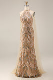 Sparkly Champagne Halter Mermaid Sequin Long Prom Dress