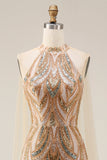 Sparkly Champagne Halter Mermaid Sequin Long Prom Dress