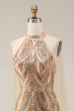 Sparkly Champagne Halter Mermaid Sequin Long Prom Dress