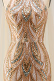 Sparkly Champagne Halter Mermaid Sequin Long Prom Dress