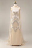 Sparkly Apricot Mermaid Beaded Long Prom Dress with a Neck Scarf