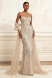 Sparkly Apricot Mermaid Beaded Long Prom Dress with a Neck Scarf