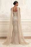 Sparkly Apricot Mermaid Beaded Long Prom Dress with a Neck Scarf