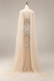 Sparkly Apricot Mermaid Beaded Long Prom Dress with a Neck Scarf