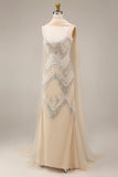Sparkly Apricot Mermaid Beaded Long Prom Dress with a Neck Scarf