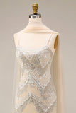Sparkly Apricot Mermaid Beaded Long Prom Dress with a Neck Scarf