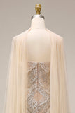 Sparkly Apricot Mermaid Beaded Long Prom Dress with a Neck Scarf