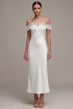 Off the Shoulder Satin Sheath Long White Reception Dress with Ruffles