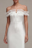 Off the Shoulder Satin Sheath Long White Reception Dress with Ruffles