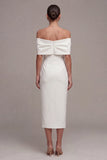 White Off the Shoulder Sheath Midi Wedding Dress with Bow