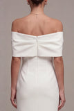 White Off the Shoulder Sheath Midi Wedding Dress with Bow