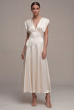 Ivory A-Line Satin V-Neck Ruched Long Engagement Dress
