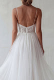 White Tulle A-Line Spaghetti Straps Engagement Dress with Lace