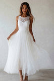White Round Neck A Line Tulle Lace Engagement Dress