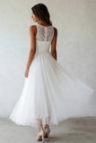White Round Neck A Line Tulle Lace Engagement Dress