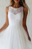 White Round Neck A Line Tulle Lace Engagement Dress