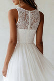 White Round Neck A Line Tulle Lace Engagement Dress