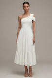White One Shoulder A Line Ruffled Midi Engagement Dress