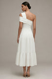 White One Shoulder A Line Ruffled Midi Engagement Dress