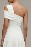 White One Shoulder A Line Ruffled Midi Engagement Dress