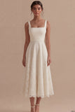 Ivory Lace Square Neck A Line Midi Engagement Dress