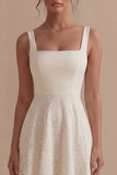 Ivory Lace Square Neck A Line Midi Engagement Dress