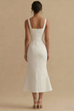 Square Neck Jacquard White Mermaid Midi Engagement Dress