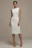 White Sheath Bateau Neck Lace Midi Graduation Dress