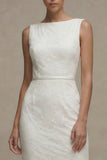 White Sheath Bateau Neck Lace Midi Graduation Dress