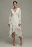 White A Line V-Neck Ruffled Midi Engagement Dress with Lace