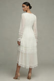 White A Line V-Neck Ruffled Midi Engagement Dress with Lace