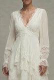 White A Line V-Neck Ruffled Midi Engagement Dress with Lace