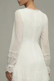 White A Line V-Neck Ruffled Midi Engagement Dress with Lace