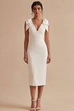 White Sheath Satin V-Neck Midi Engagement Dress with Bows