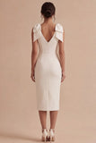 White Sheath Satin V-Neck Midi Engagement Dress with Bows