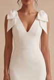 White Sheath Satin V-Neck Midi Engagement Dress with Bows