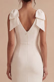 White Sheath Satin V-Neck Midi Engagement Dress with Bows