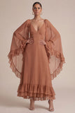 Brown A Line Ruffled V-Neck Long Chiffon Dress with Cape