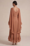 Brown A Line Ruffled V-Neck Long Chiffon Dress with Cape