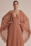 Brown A Line Ruffled V-Neck Long Chiffon Dress with Cape
