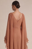 Brown A Line Ruffled V-Neck Long Chiffon Dress with Cape