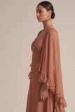 Brown A Line Ruffled V-Neck Long Chiffon Dress with Cape