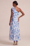 Blue A Line One Shoulder Printed Long Floral Dress with Ruffles