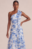 Blue A Line One Shoulder Printed Long Floral Dress with Ruffles