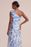 Blue A Line One Shoulder Printed Long Floral Dress with Ruffles