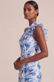 Blue A Line One Shoulder Printed Long Floral Dress with Ruffles